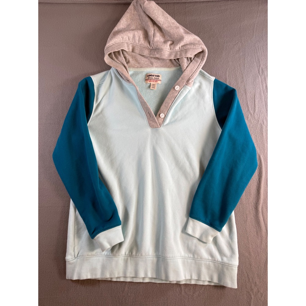 Lands End Serious Sweats Hoodie Mens Medium Blue Colorblock Henley Pullover